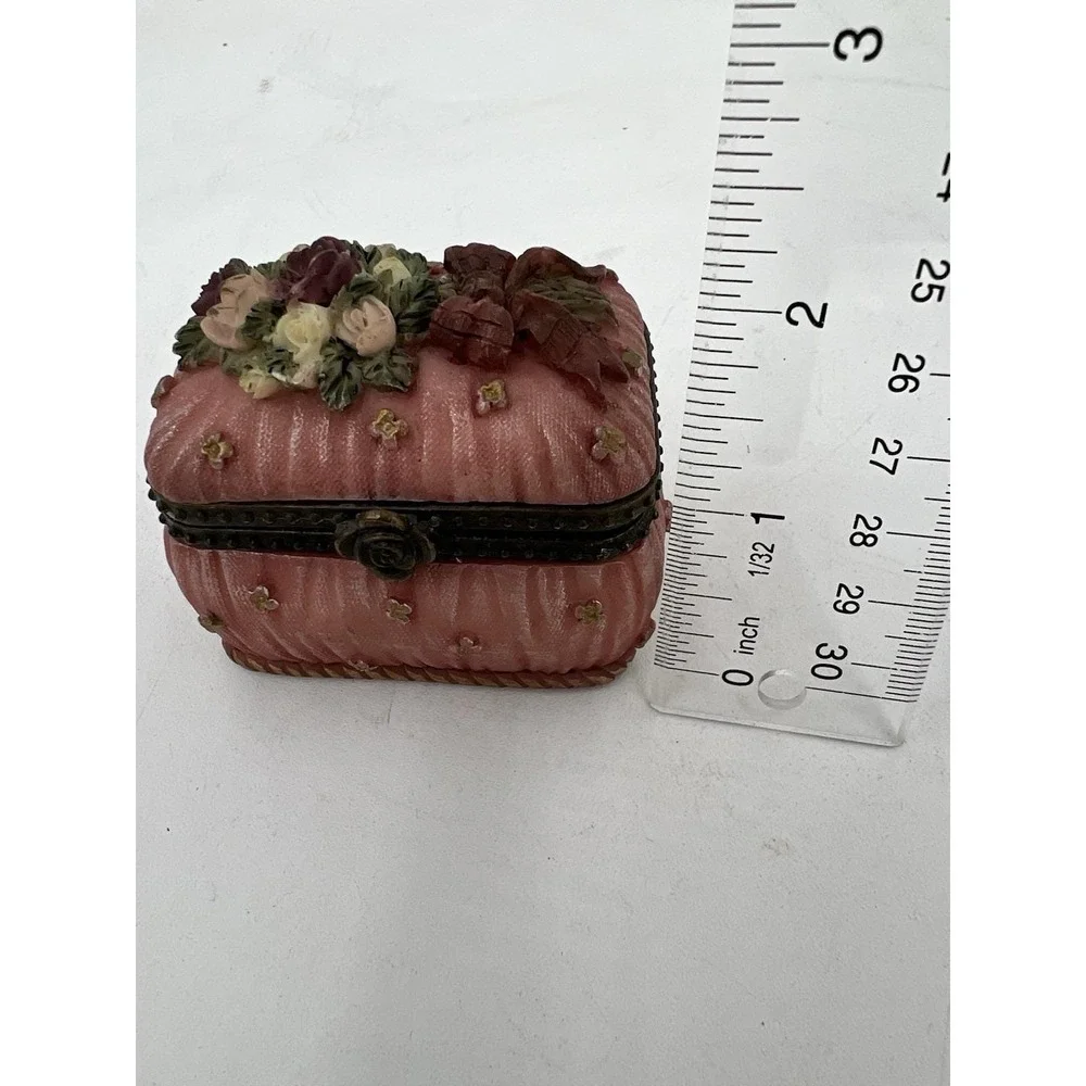 Pink Floral Decorative Trinket Box with Hinged Lid Collectible